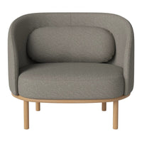 Light gray upholstered chair with a rounded shape and wooden legs, featuring a textured fabric pattern.