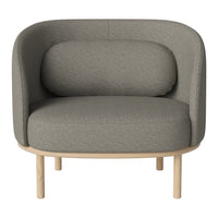 Light gray upholstered chair with a smooth texture and rounded shape, featuring a natural wood base.