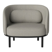 Light gray upholstered chair with a modern curved design and black metal legs, offering a sleek, minimalist look.