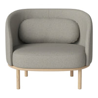 Light gray upholstered chair with a rounded design and a natural wood base, perfect for modern decor.