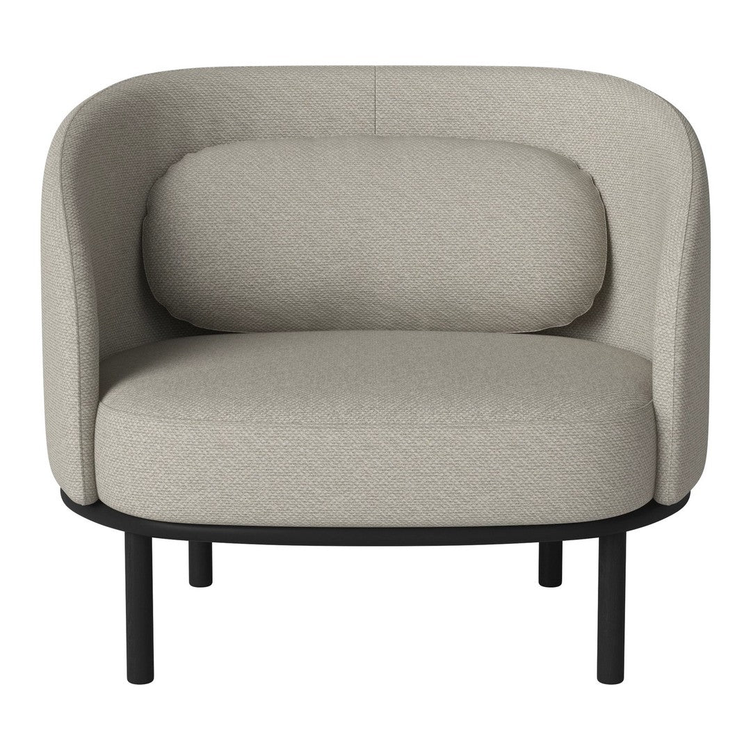 Light gray upholstered chair with a rounded back, featuring a simple black metal frame and no distinctive patterns.