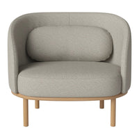 Gray upholstered armchair with rounded back, subtle texture, and light wooden legs, perfect for modern decor.