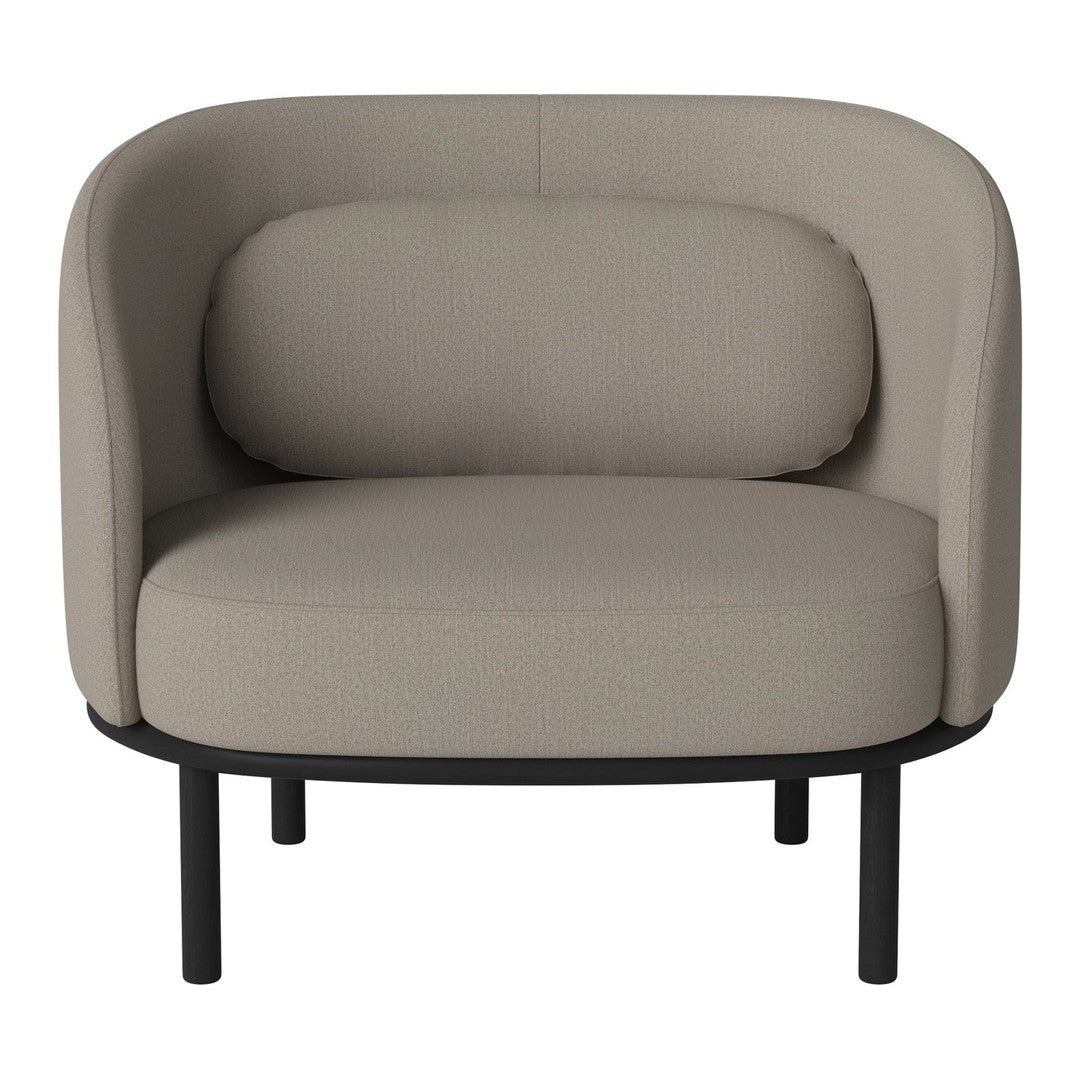 Light beige rounded armchair with a smooth fabric finish and black metal legs. Perfect for modern decor.