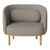 Light gray upholstered chair with a rounded backrest and wooden legs, featuring a smooth, minimalist design.