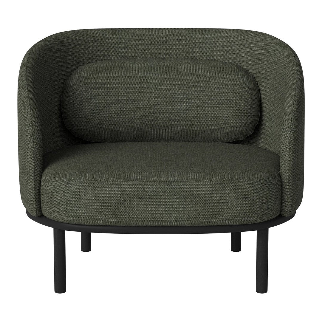 Cozy green upholstered chair with a textured pattern and sleek black legs, perfect for modern decor.