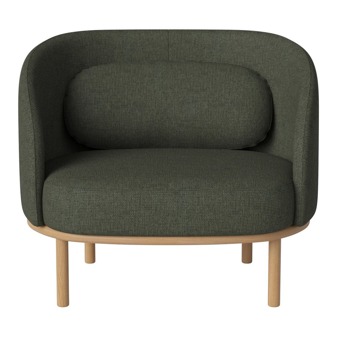 Green patterned armchair with a rounded design and light wood legs, perfect for modern decor.
