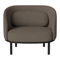 Brown upholstered chair with a sleek black metal frame and smooth, rounded contours. Modern minimalist design.