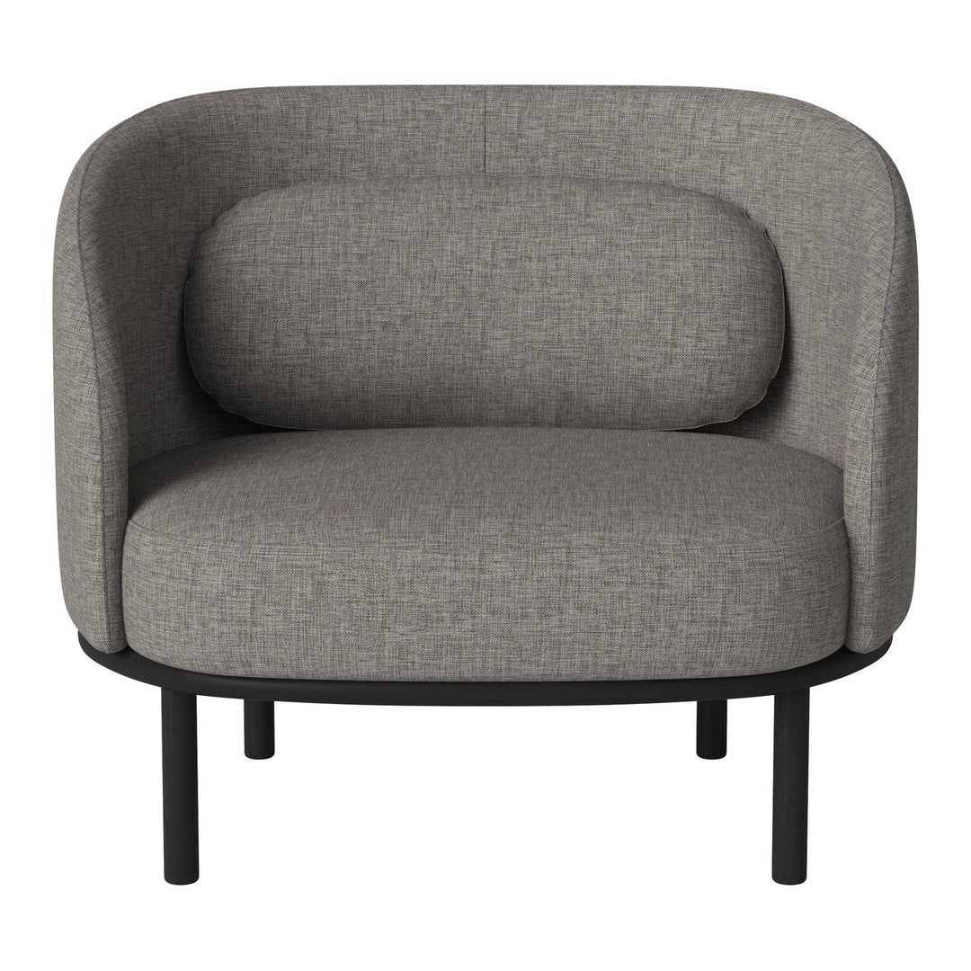 Curved gray fabric armchair with a textured pattern and black metal legs, ideal for modern interior decor.