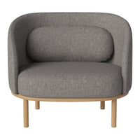 Stylish grey upholstered chair with rounded back and beige wooden legs, featuring a soft, textured fabric pattern.