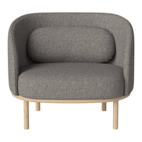 Gray upholstered chair with a rounded back, featuring a textured fabric and light wooden legs.