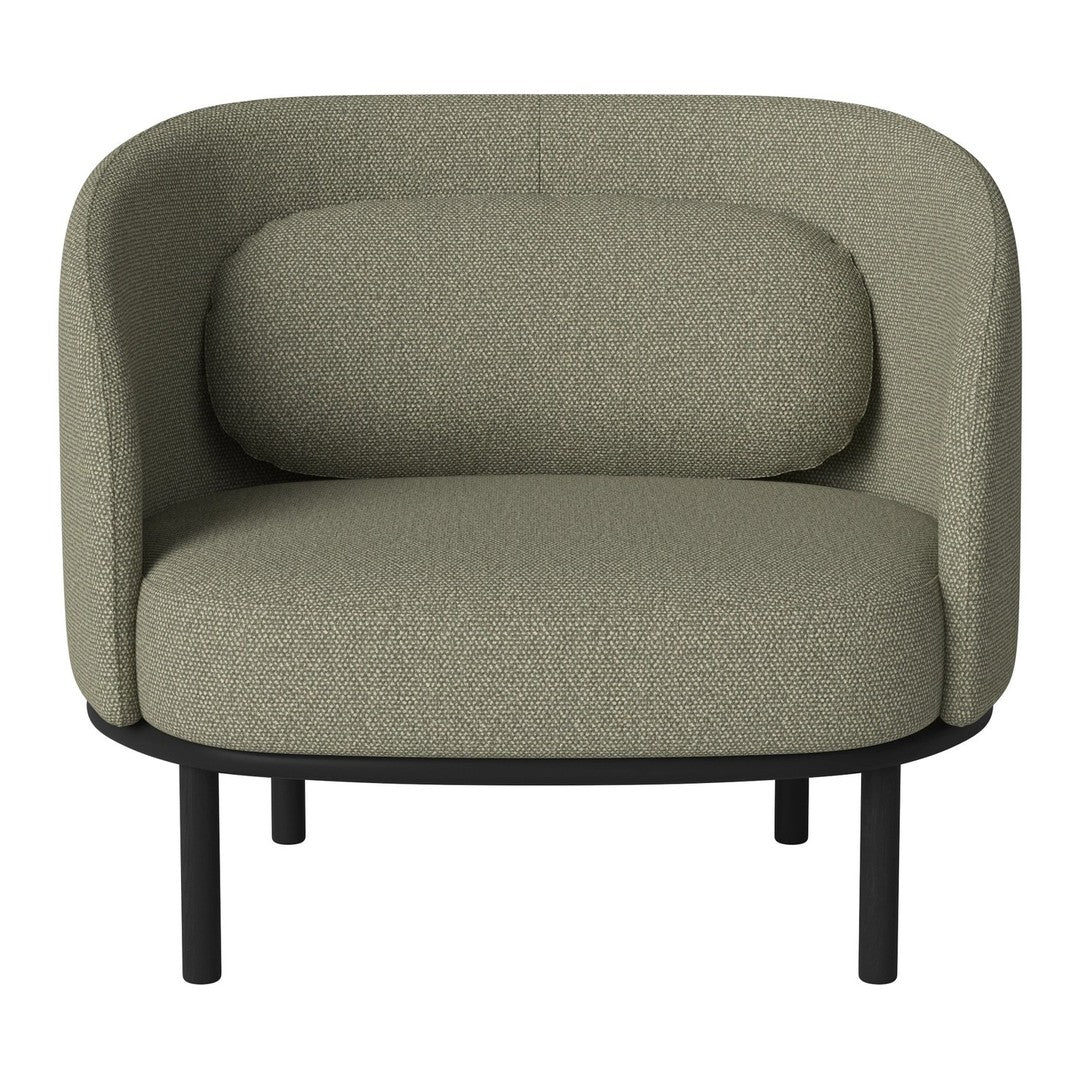 Green textured fabric armchair with a minimalist black metal frame, featuring a curved backrest and round seat.
