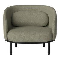 Green textured fabric armchair with a minimalist black metal frame, featuring a curved backrest and round seat.