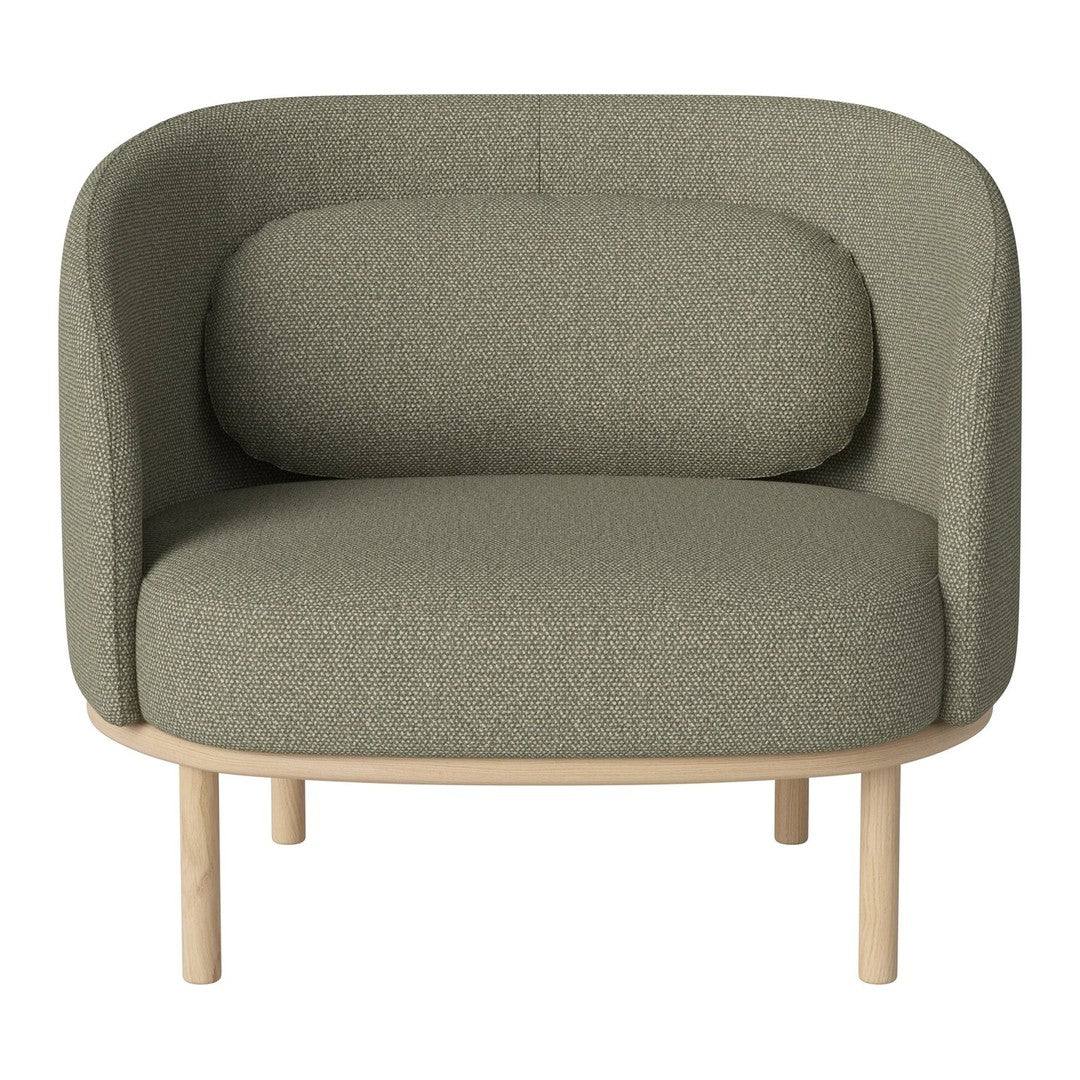 Green textured fabric armchair with a rounded design and light wooden legs. Perfect for modern interiors.