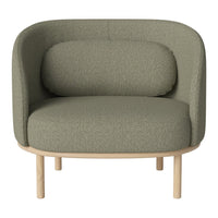 Green textured fabric armchair with a rounded design and light wooden legs. Perfect for modern interiors.