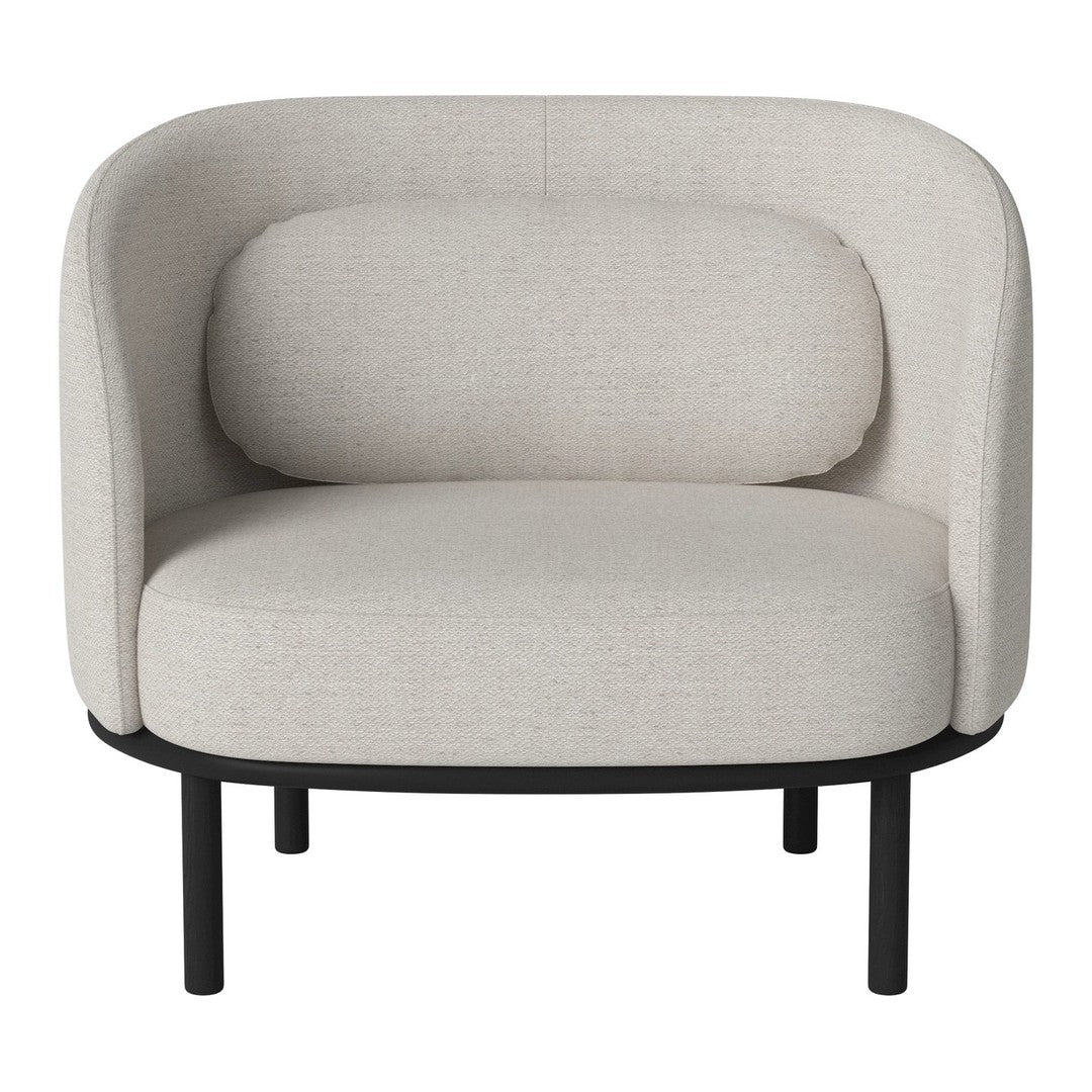 Light beige upholstered chair with a curvy design and black metal legs, featuring a smooth, subtle texture.