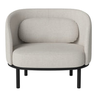 Light beige upholstered chair with a curvy design and black metal legs, featuring a smooth, subtle texture.