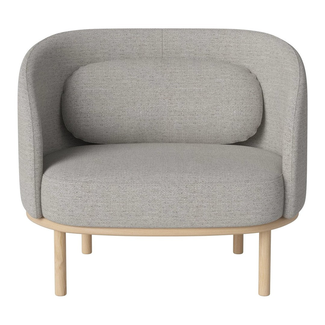 Gray upholstered armchair with a rounded shape and subtle texture, featuring a light wood base.