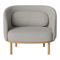 Light gray upholstered chair with a minimalist design, featuring a rounded back and wooden legs.