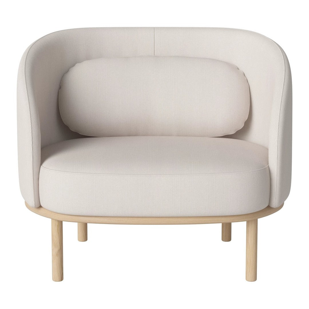 Cream-colored upholstered chair with a rounded shape and minimalist design, featuring a light wood base.