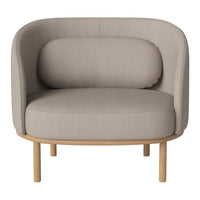 Light gray upholstered chair with a sleek, minimalist design and natural wood legs. Perfect for modern decor.