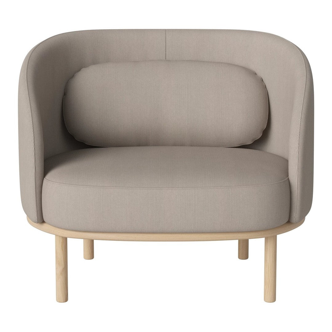 Curved beige fabric chair with a rounded backrest and light wood legs, showcasing a minimalist and modern design.