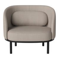 Beige upholstered armchair with a rounded back and black metal legs, featuring a smooth, minimalist design.