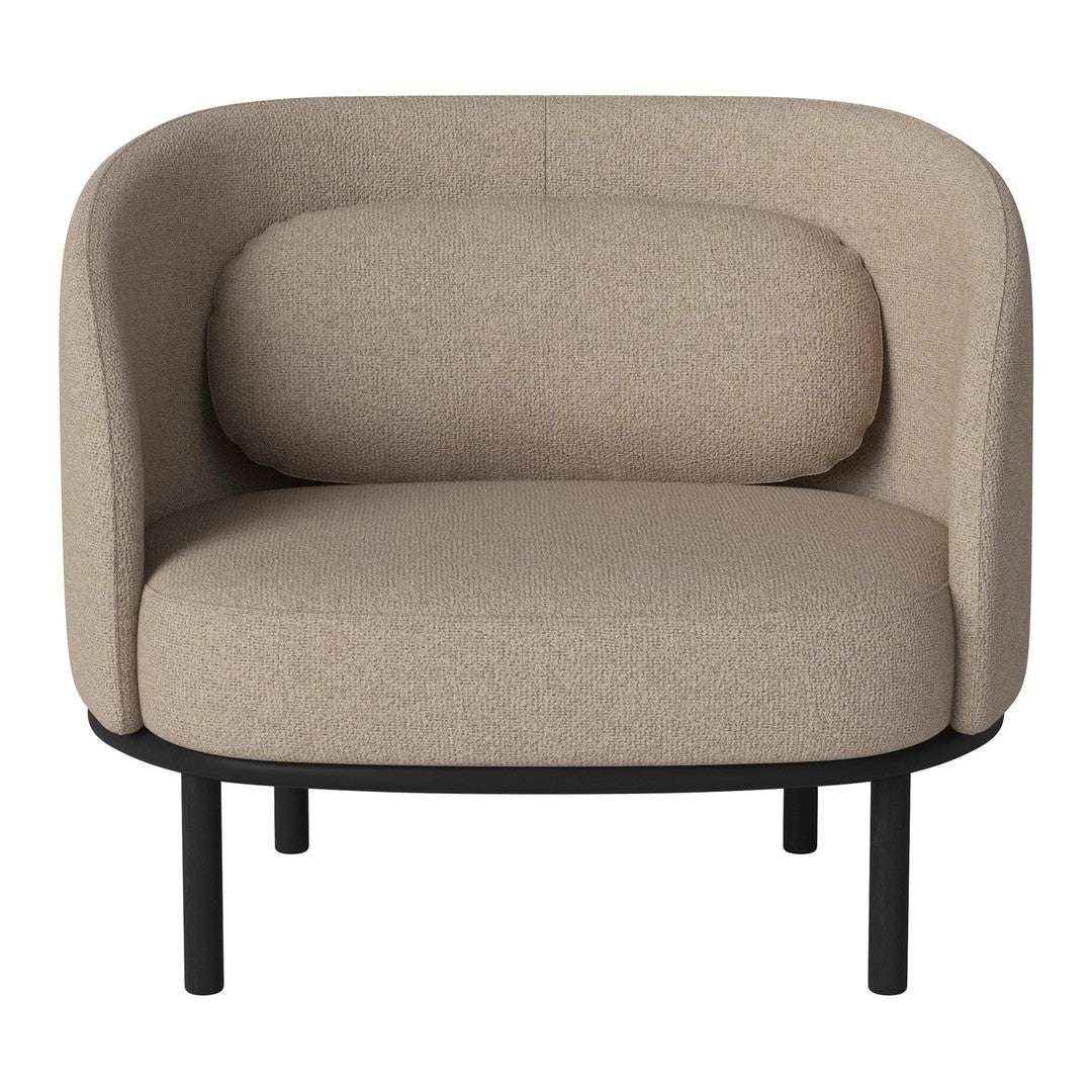 Beige upholstered chair with a rounded shape and black metal legs. Soft texture and minimalist design.