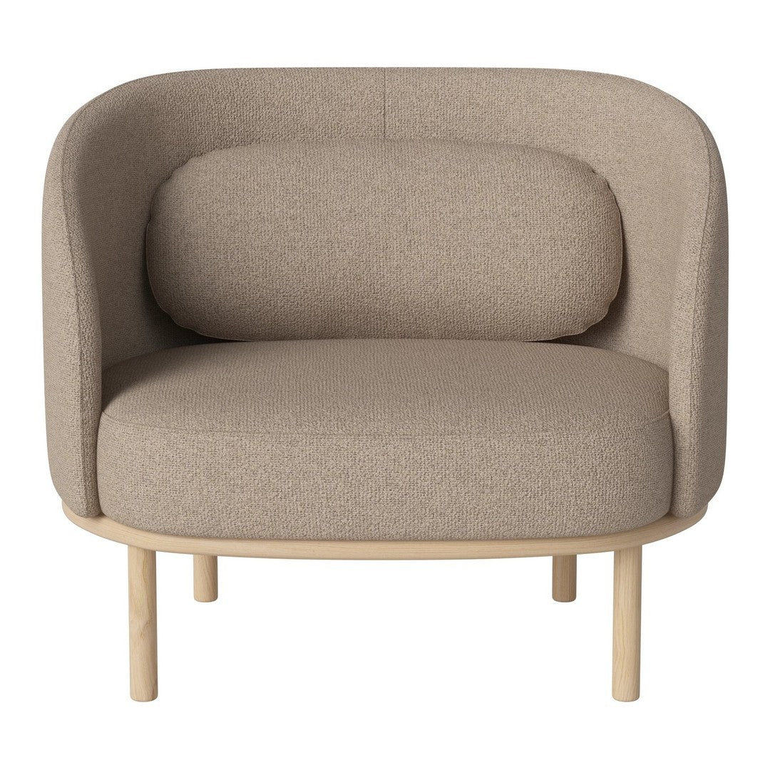 Beige upholstered accent chair with a rounded back, soft textures, and natural wooden legs. Modern and minimalist design.