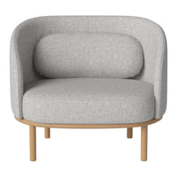Light gray upholstered chair with a rounded back and wooden legs, featuring a smooth, minimalist design.