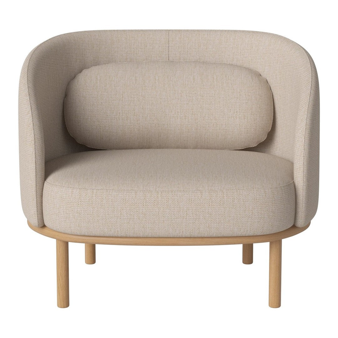 Beige upholstered chair with a rounded back and curved lines, featuring a textured pattern and natural wood legs.
