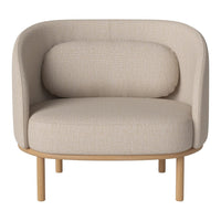 Beige upholstered chair with a rounded back and curved lines, featuring a textured pattern and natural wood legs.