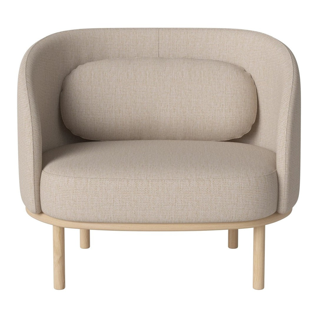 Beige upholstered chair with a textured pattern and light wooden legs, featuring a curved design for modern decor.