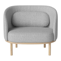 Light gray armchair with a rounded backrest and natural wood legs, featuring a textured fabric pattern.