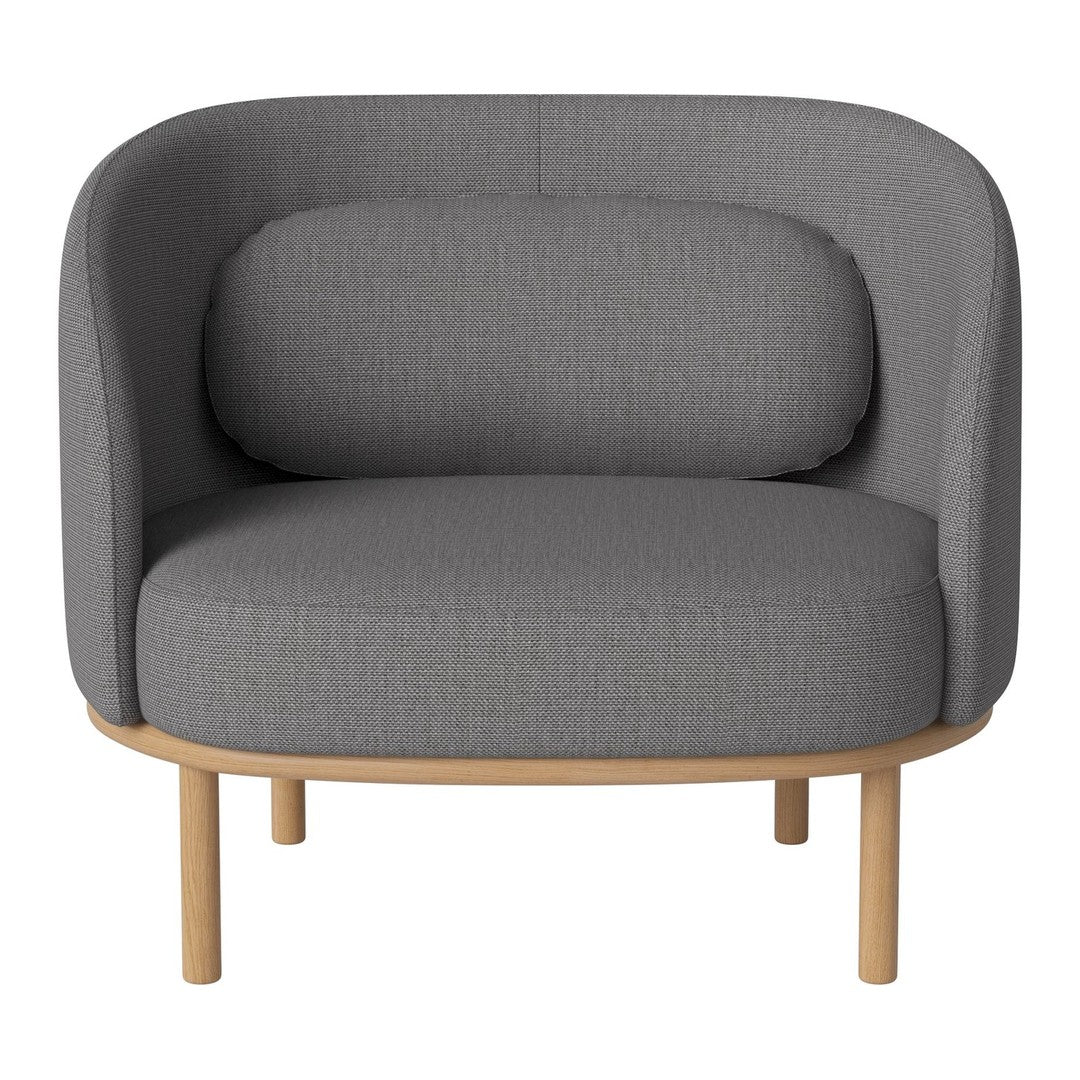 Gray upholstered chair with a round backrest and wooden legs, featuring a textured fabric pattern. Ideal for modern decor.