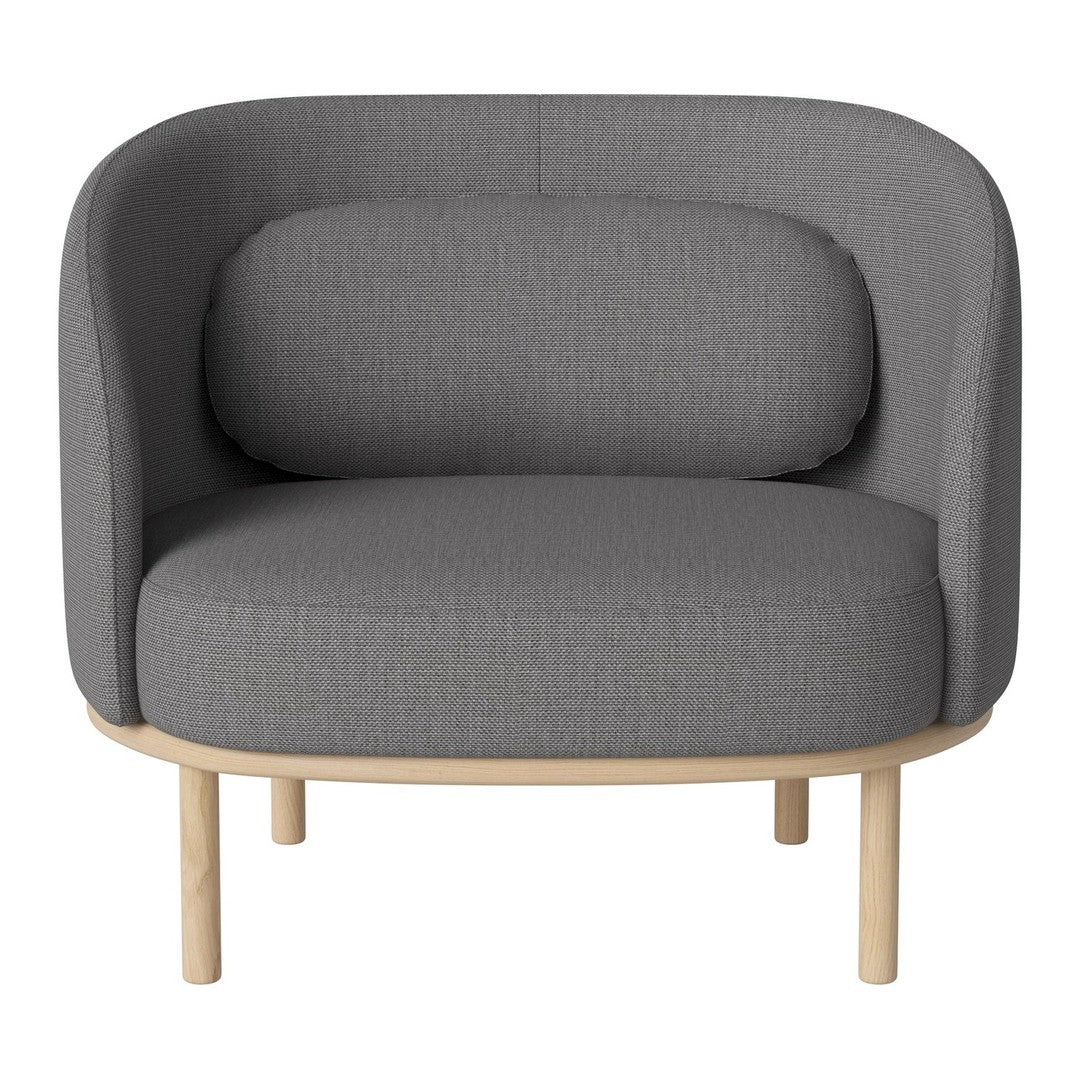 Curved gray upholstered chair with subtle texture and light wood legs, ideal for modern interiors.
