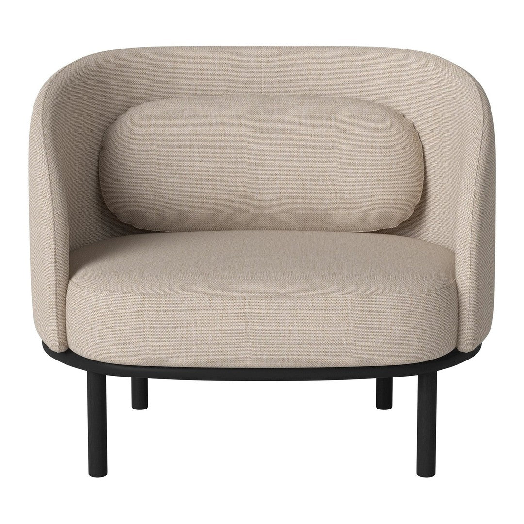Light beige upholstered chair with textured fabric and a sleek black metal frame. Cozy and modern design.