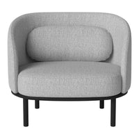 Light gray upholstered chair with rounded shape and textured fabric on a sleek black metal frame.