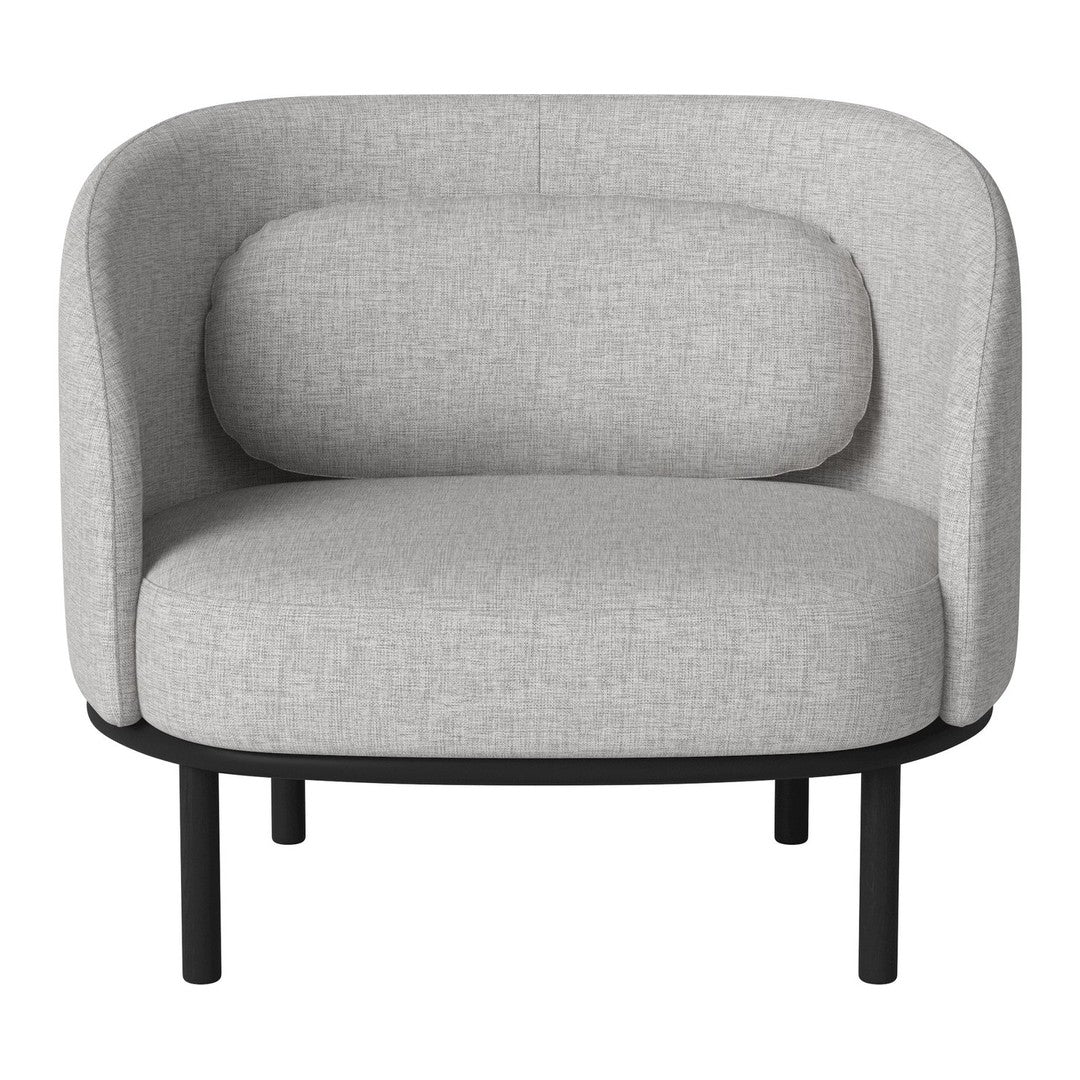 Light gray upholstered chair with a curved back and black metal legs. Modern, minimalist design.