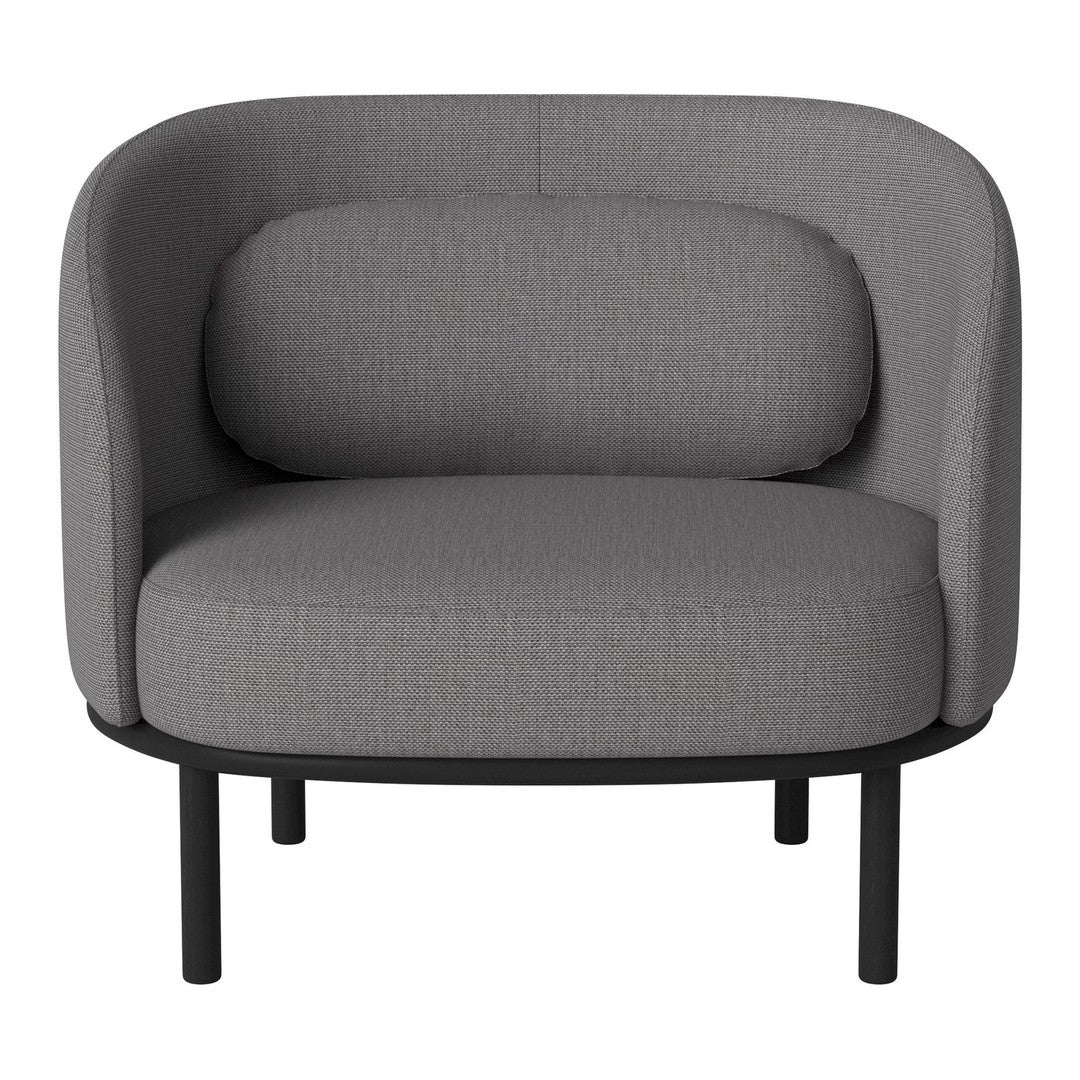 Gray upholstered chair with textured pattern and black metal legs, featuring a rounded design for modern interiors.