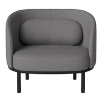 Gray upholstered chair with textured pattern and black metal legs, featuring a rounded design for modern interiors.