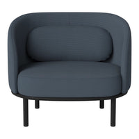Textured dark blue armchair with a modern design, featuring smooth curves and a sleek black metal frame.