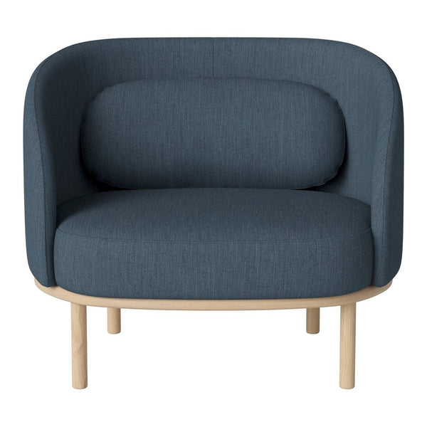 Blue upholstered chair with a smooth texture and rounded back, complemented by natural wood legs.