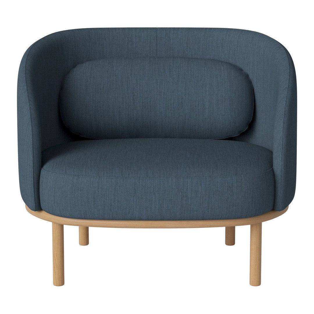 Blue fabric armchair with a rounded design and natural wood legs, featuring a textured pattern for added comfort.