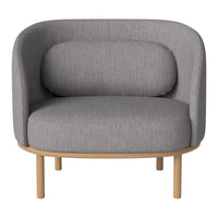 Gray upholstered armchair with a rounded shape and light wood legs, featuring a smooth, minimalist design.
