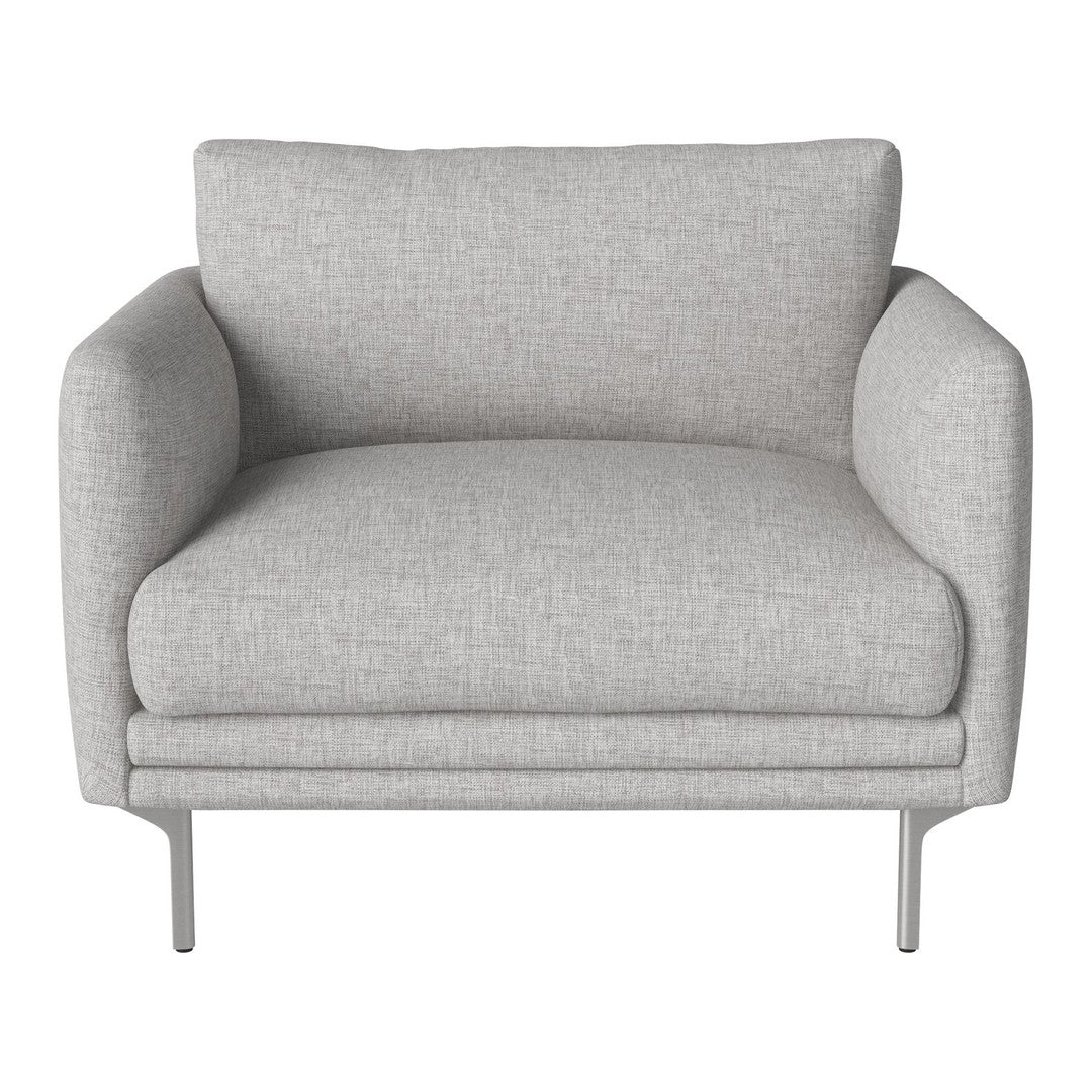 Light gray upholstered chair with a smooth, textured fabric and minimalist design, perfect for modern interiors.