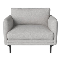 Light gray upholstered chair with smooth texture and minimalist design. Black metal legs enhance modern aesthetic.