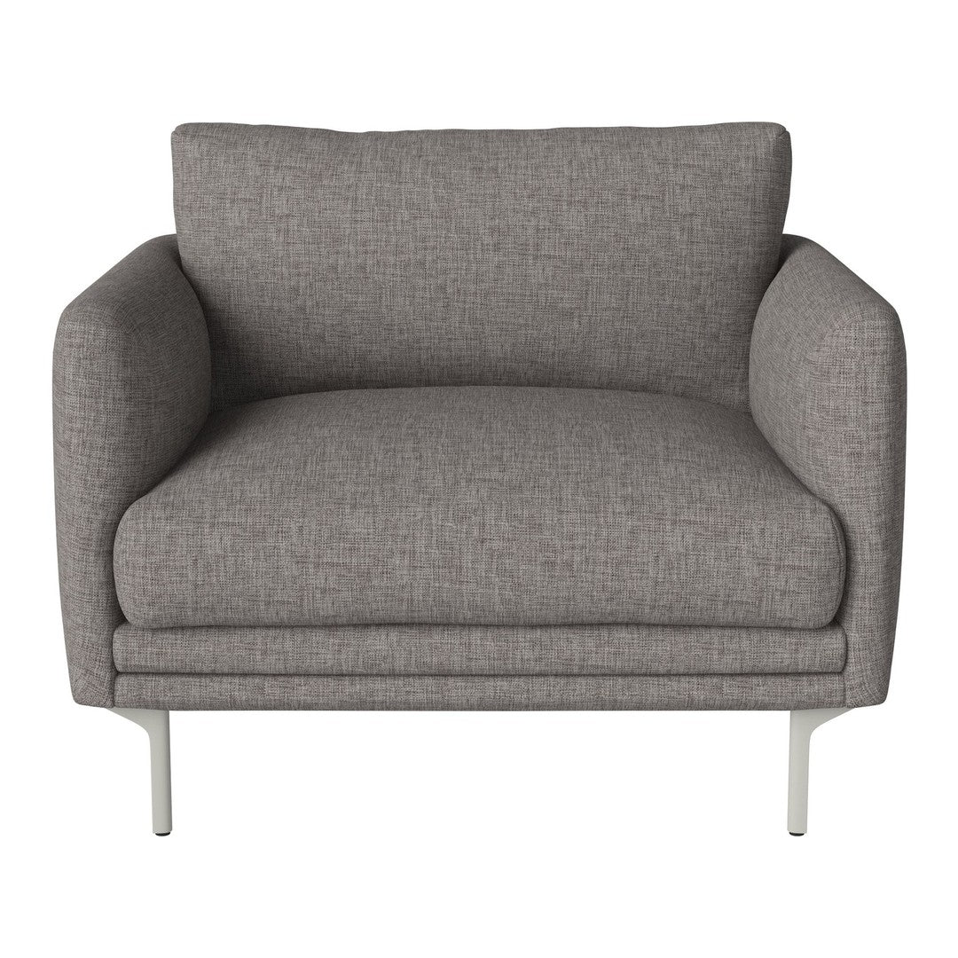 Gray upholstered chair with a subtle textured pattern and sleek silver legs, perfect for modern decor.