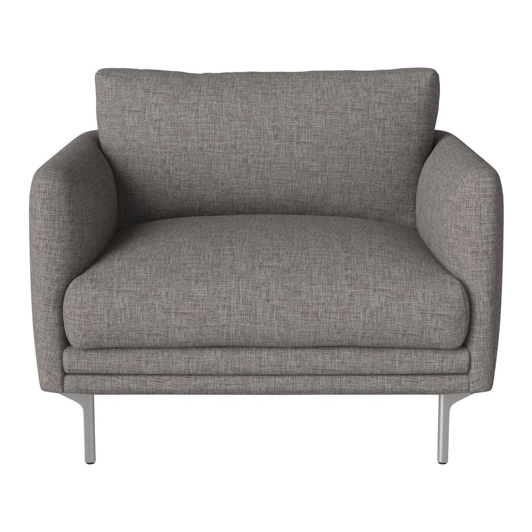 Gray upholstered chair with a textured fabric and silver metal legs, featuring a minimalist modern design.