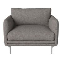 Gray upholstered chair with a textured fabric and silver metal legs, featuring a minimalist modern design.