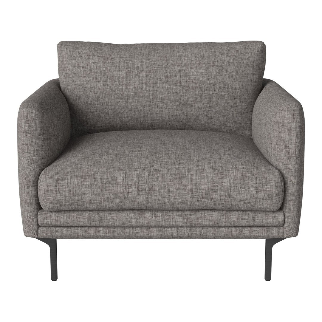 Gray upholstered armchair with a textured fabric and sleek black metal legs, perfect for modern living spaces.